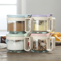 Household wheat straw seasoning box set, three grids, with spoon, kitchen glass seasoning can, bottle and shelf combination