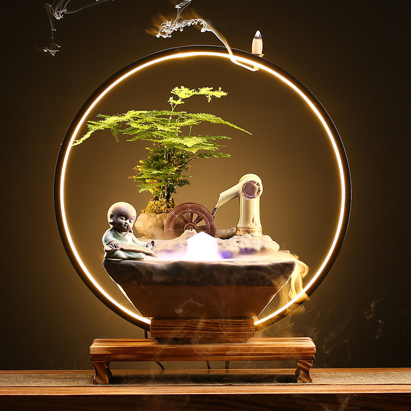 创意流水摆件灯圈加湿器招财风水轮客厅办公室桌面装饰品开业送礼