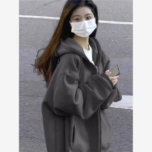 秋冬 加绒加厚卫衣外套女春秋款 慵懒风厚连帽2024新款 爆款 宽松开衫
