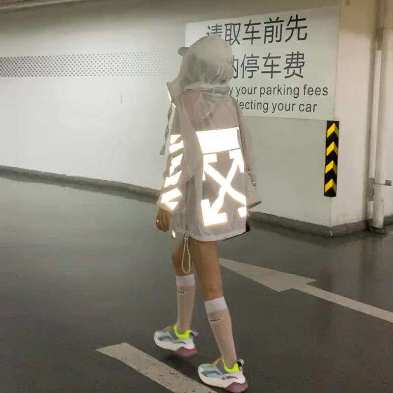 反光发光夜光荧光防晒衫衣服女夏长袖带帽连帽中长款薄衫开衫外套_虎窝淘