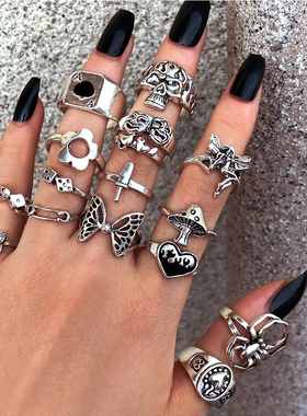 Hiphop Flower Butterfly Rings Set for Women Men Retro Punk