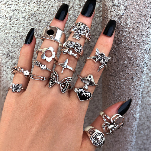 Hiphop Flower Butterfly Rings Set for Women Men Retro Punk