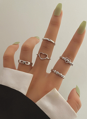 Fashion Metal Heart Rings Set Silver Color Hollow Pearl