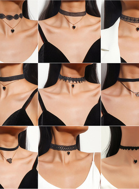 Sexy Black Lace Necklace Goth Double Layers Love Heart