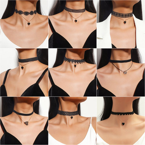 Sexy Black Lace Necklace Goth Double Layers Love Heart