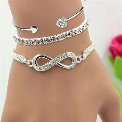 3Pcs Silver Color Crystal Rhinestone Heart Bracelets Set for