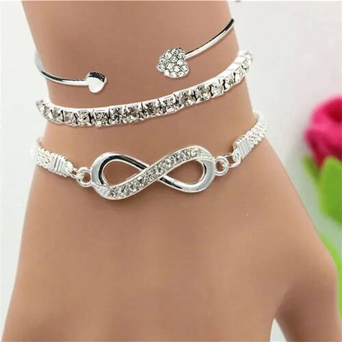 3Pcs Silver Color Crystal Rhinestone Heart Bracelets Set for