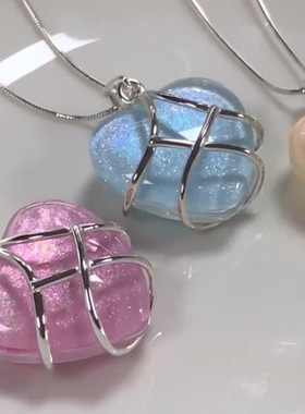 Cute Blue Pink Heart Pendant Necklace For Women Men Acrylic