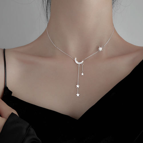 925 Silver Sterling Star Moon Necklace For Women Clavicle