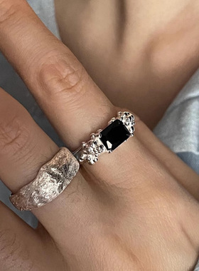 Sterling Silve Black Zircon Ring Texture For Women Girl