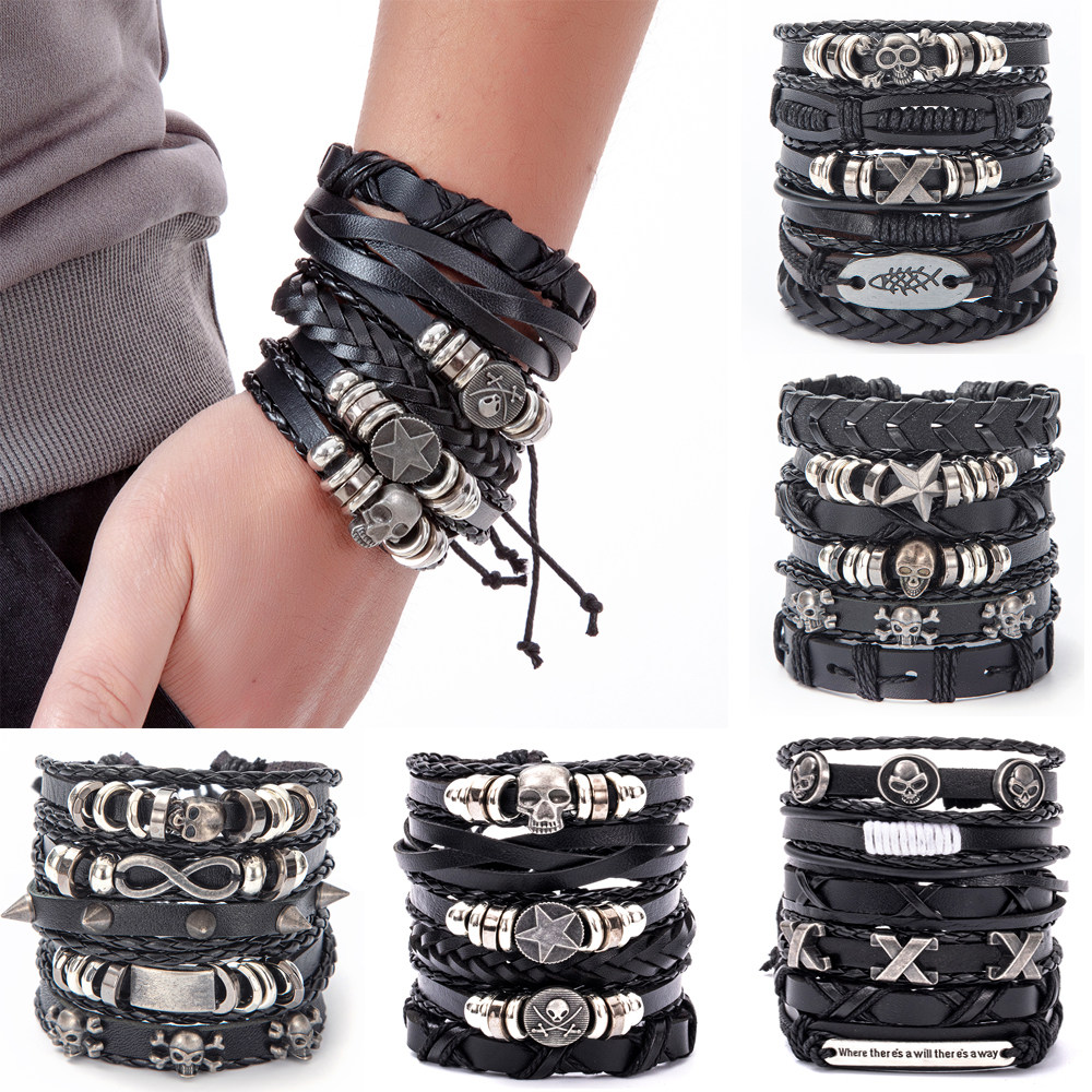 2023Braided Wrap Black Gothic Skull Leather Bracelets for