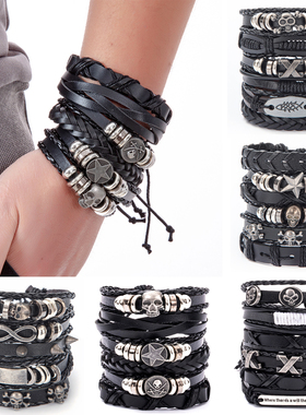 2023Braided Wrap Black Gothic Skull Leather Bracelets for