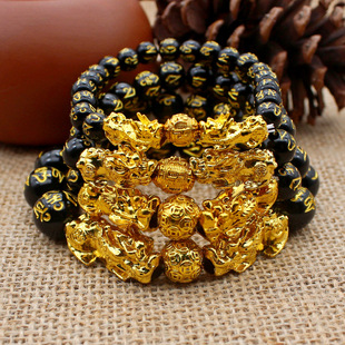 2024Obsidian Stone Beads Bracelet Wristband Gold Black Pixiu