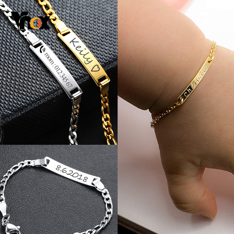 Vnox Personalize Custom Baby Name Bracelet Gold Tone Solid