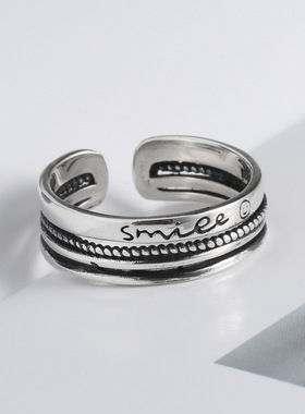 S925 sterling silver smile ring female retro distressed inde