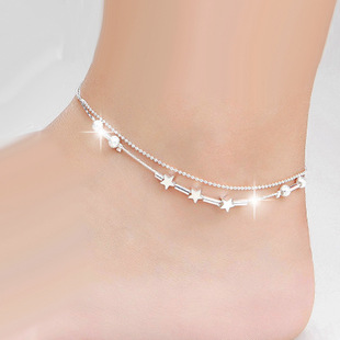 Silver color Stars Anklet Double Layer Silver plated Charms