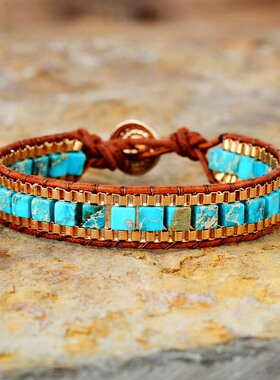 New Women Wrap Bracelets Turquise Stones Gold Chain Woven Wr