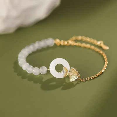 Sterling Hotan Jade Ginkgo Biloba Leaves Bracelet For Women