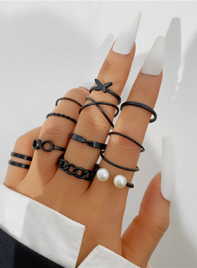 12Pc/Set Punk Black Finger Rings Set Butterfly Snake Pearl