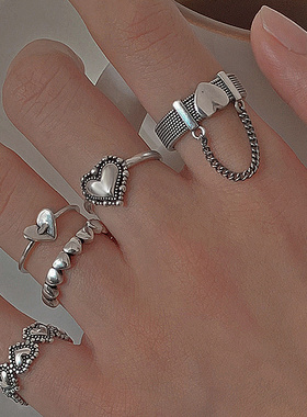 Fashion Heart Rings Set Love Chain Kpop Punk Rings for