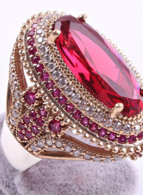 Gorgeous Large Oval Red Stone Ring Luxury Filled CZ Wedding