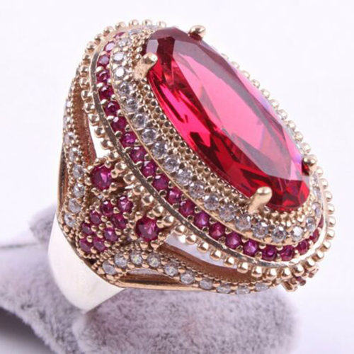 Gorgeous Large Oval Red Stone Ring Luxury Filled CZ Wedding