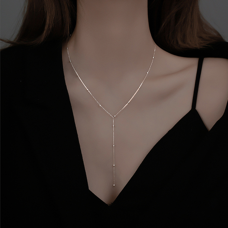 925 Sterling Silver Round Bead Tassel Necklace New Female