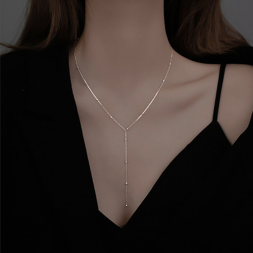 925 Sterling Silver Round Bead Tassel Necklace New Female