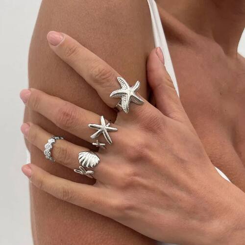 4Pcs/Set Starfish Scallop Adjustable Open Rings for Women Tr