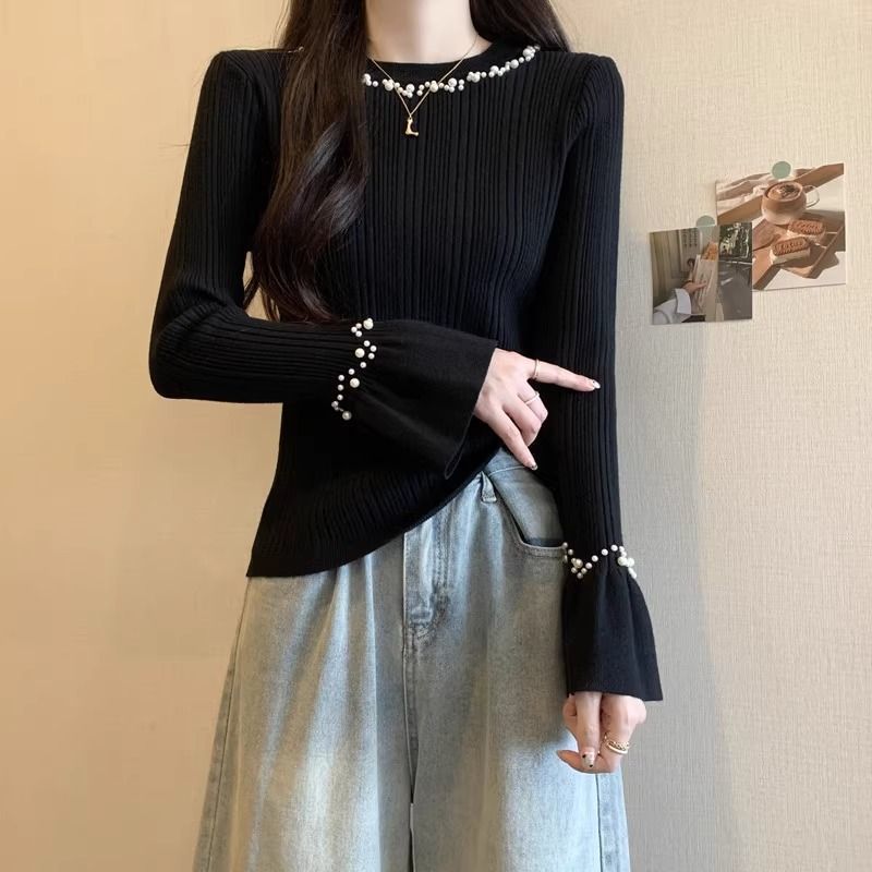 绝美钉珠高级打底衫女秋冬法式喇叭袖针织衫内搭修身毛衣洋气