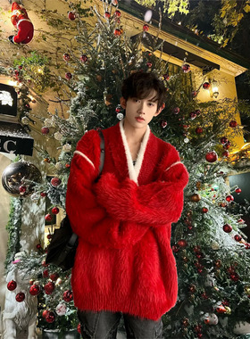 马海毛红色毛衣男款圣诞穿搭战袍针织衫慵懒风情侣高级感冬季外套