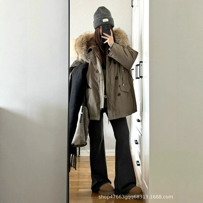 2025年冬季新款工装羽绒棉服女棉衣小个子中长款大毛领派克服外套