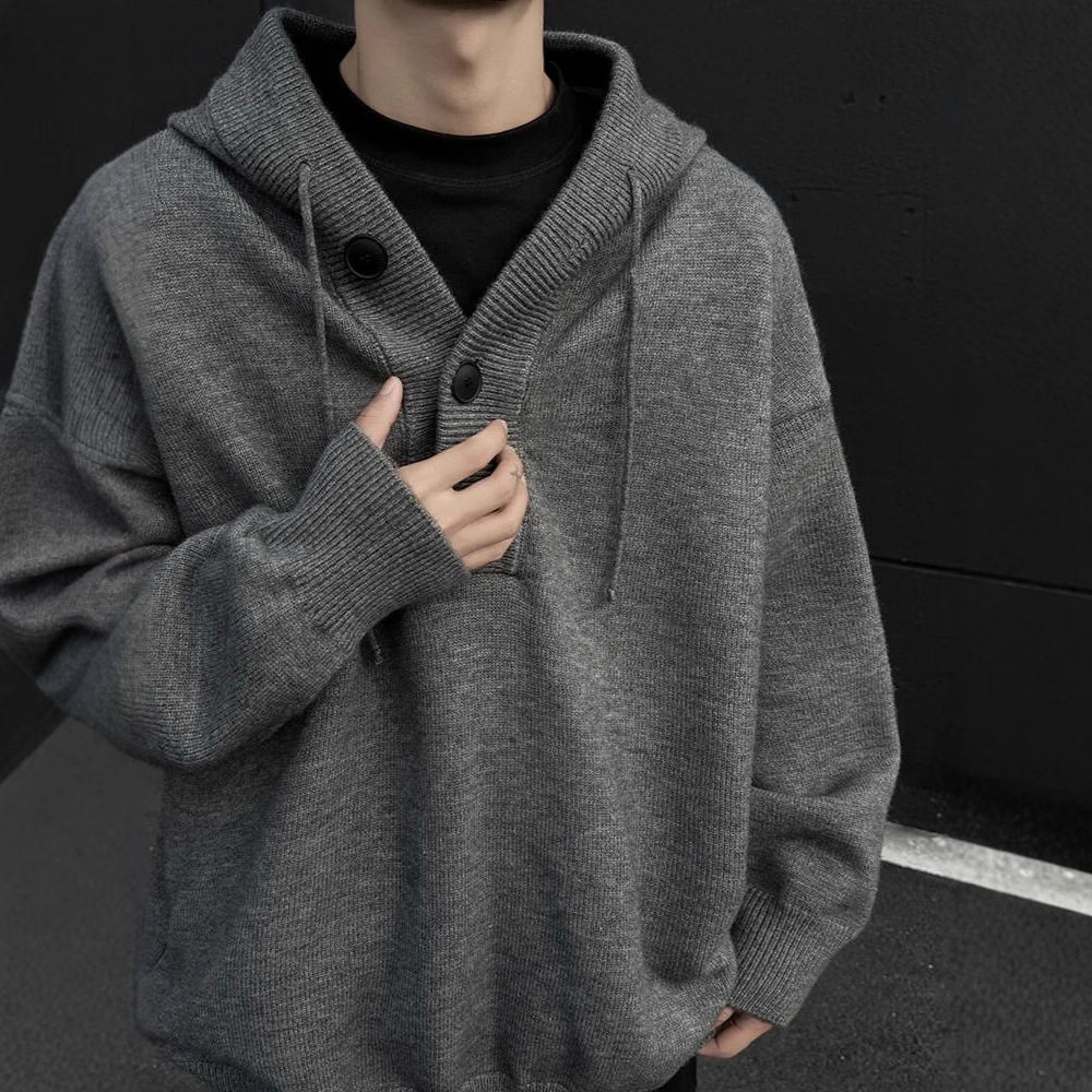 灰色美式复古连帽针织衫男款冬季加厚慵懒风毛衣重磅内搭卫衣外套