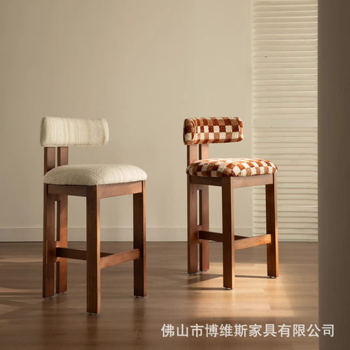 法式实木吧台椅50白蜡木凳子坐高55cm高脚餐椅家用中古风岛台椅子
