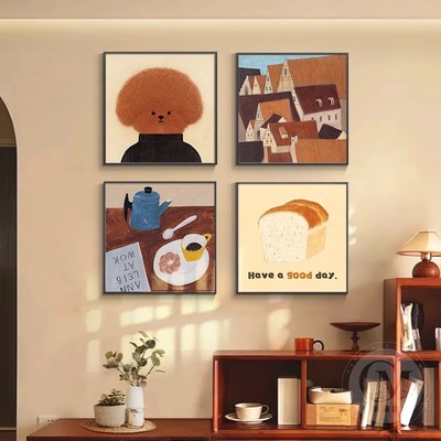 美拉德复古风餐厅装饰画客厅背景墙卡通组合挂画咖啡店小众壁画