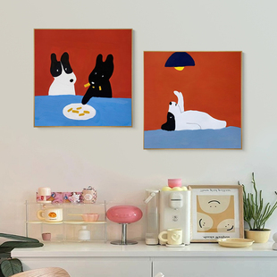 正方形客厅装 饰画卡通小狗红色儿童房墙壁画现代轻奢高档玄关挂画