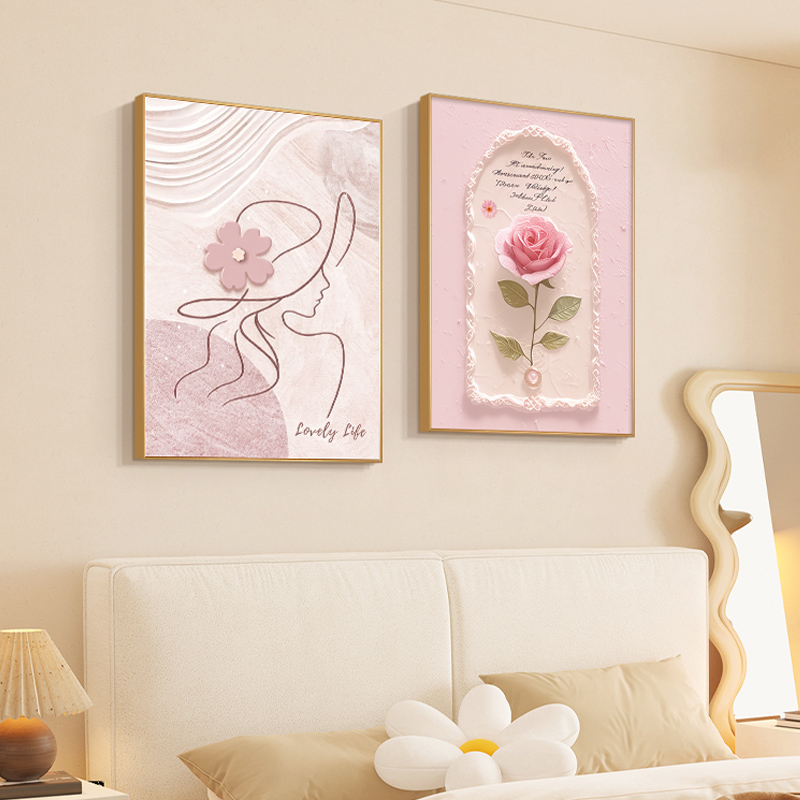 ins风玫瑰装饰画高级感卧室床头奶油风人物线条挂画餐厅客厅壁画