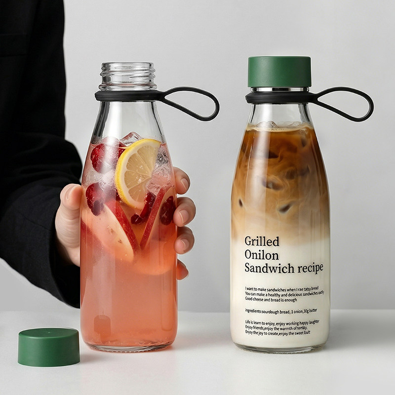 耐热玻璃水杯便携杯子随手杯咖啡杯冷水杯带盖防漏带提手随行杯子