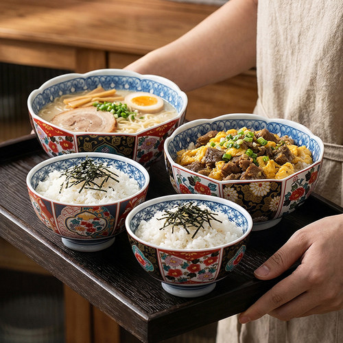 陶瓷家用吃饭的碗面碗汤碗复古日式和风碗碟套装家用釉下彩可微波