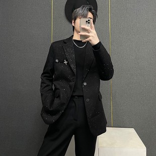 高级感黑色西装 外套男ins满天星设计上衣小金点闪闪西服帅气潮牌