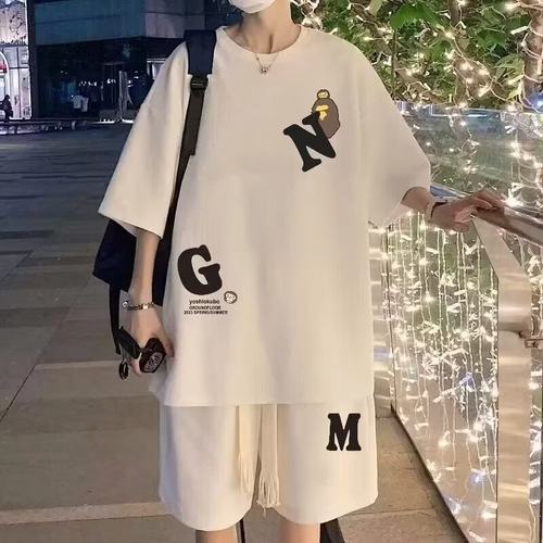 胖子华夫格短袖套装男夏季青年