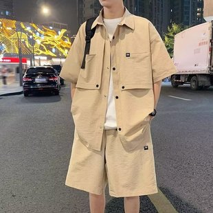 衬衫 短裤 男套装 潮冰丝凉感短袖 一套搭配帅气休闲运动衣服 夏季 工装
