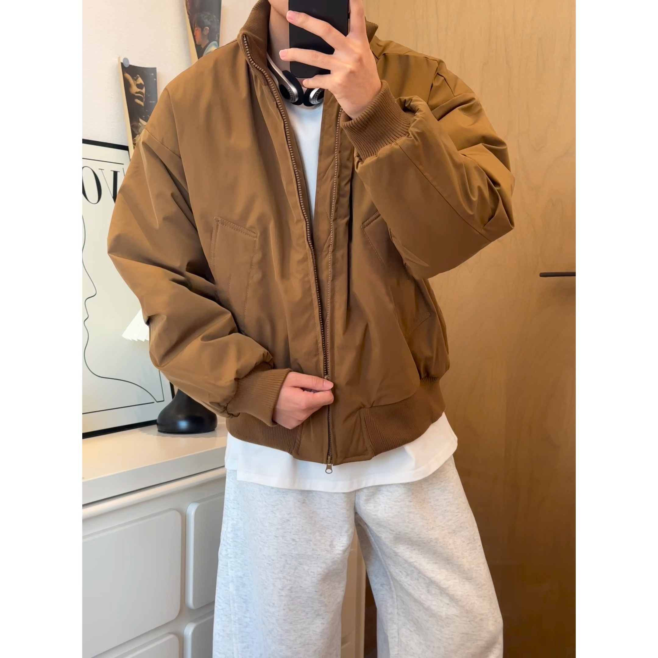 棕色飞行夹克棉服男季冬加厚棉衣