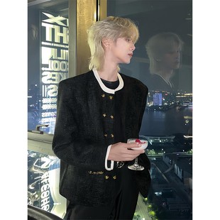 黑色小香风毛呢外套男款男模穿搭cleanfit垫肩夹克高级感轻奢上衣