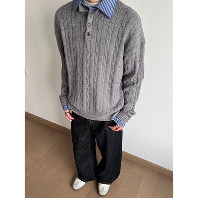 假两件绞花polo毛衣男情侣针织衫