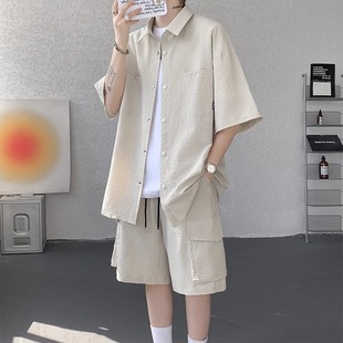 套装 短裤 男夏季 潮流泡泡工装 休闲宽松帅气穿搭一整套短袖 冰丝衬衫