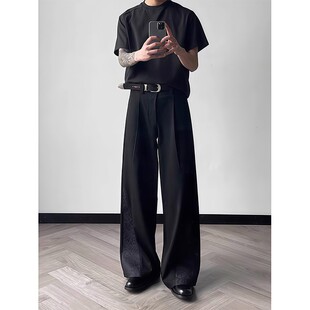 西裤 潮牌拖地A字阔腿休闲长裤 美式 暗纹雕花老钱风优雅垂感小西裤