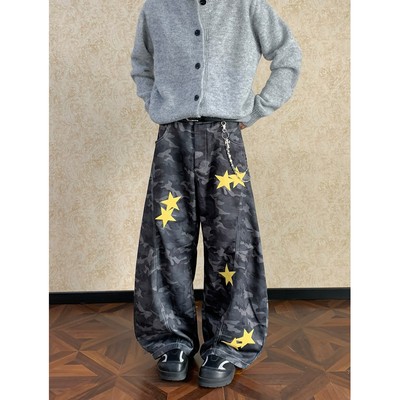 星星迷彩牛仔裤男美式阔腿弯刀裤
