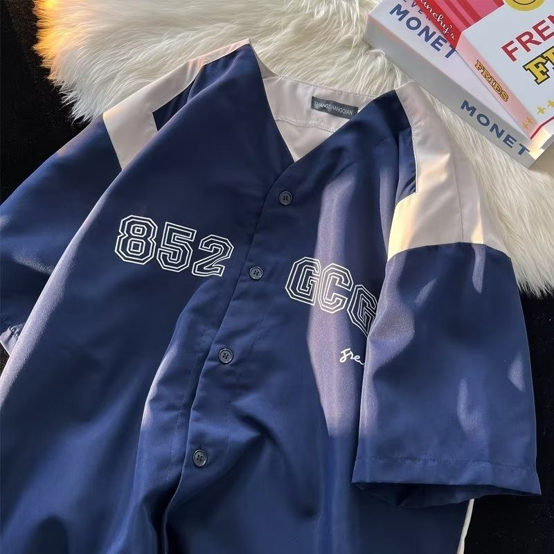 美式校队复古小众棒球衫男女夏季嘻哈百搭开衫短袖衬衫薄外套潮