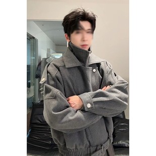 深灰色假两件毛呢夹克男秋冬季 大衣 高级感痞帅立体解构外套厚短款